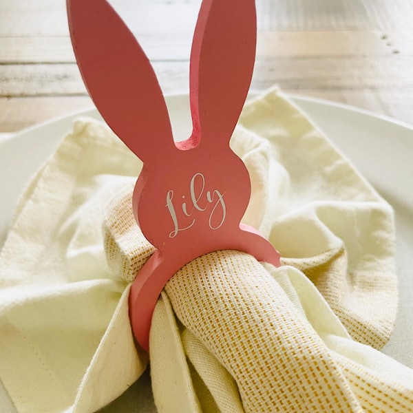 Personalised Bunny serviette napkin rings, spring table place settings, bunny cutlery holders, Easter table names, Easter table decorations