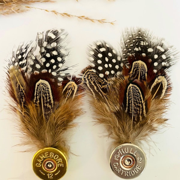 Pheasant feather shell cartridge brooch, cartridge shell hat pin, feather lapel pin badge, wedding button hole, wedding favours