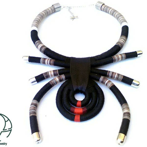 Spider Tribal Necklace, Fashion Necklace, Ethnic Necklace, Unique Jewelry, African Jewelry, Geometric Necklace, Black Widow, Rope Jewelry