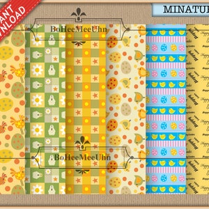 May include: A digital collection of six vertical panels featuring Easter-themed patterns. Designs include yellow chickens, colorful eggs, green and yellow checkered squares with white flowers and bunnies, orange stars, blue stripes with yellow chicks, and the text Happy Easter.