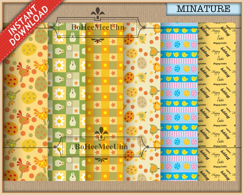 May include: A digital collection of six vertical panels featuring Easter-themed patterns. Designs include yellow chickens, colorful eggs, green and yellow checkered squares with white flowers and bunnies, orange stars, blue stripes with yellow chicks, and the text Happy Easter.