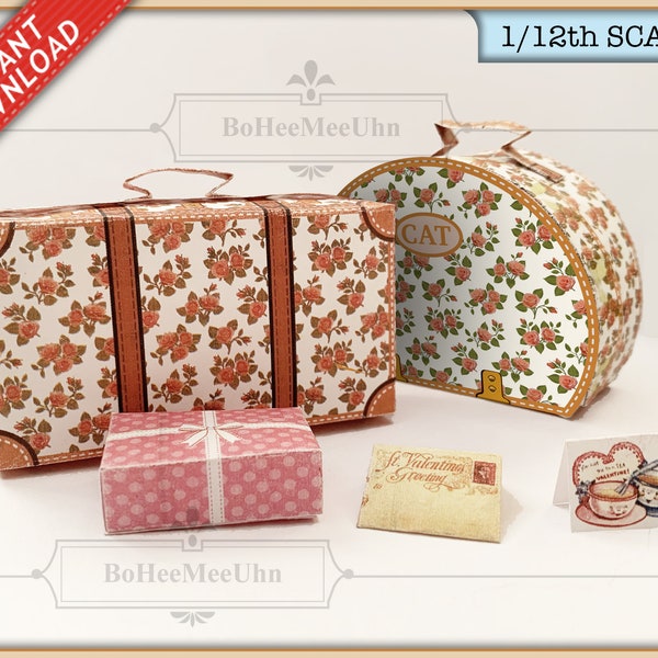 Hatbox Luggage Openable Valentine Suitcase Romance Weekend. 1:12  and 1 to 6 scale with Present  Instant Download. Printable Miniatures. PDF