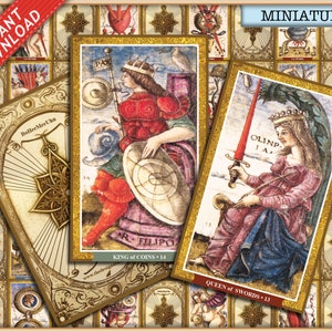 78 cartes du jeu de tarot. Rectos et verso. Tasses, pièces de monnaie, épées, baguettes et atouts vintage anciens. Téléchargements instantanés. Miniature de maison de poupée.