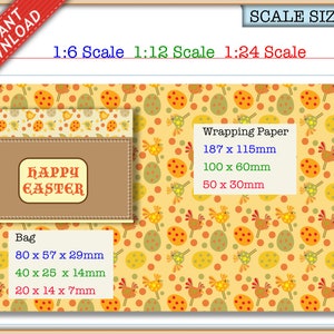 May include: A digital printable set featuring an Easter-themed pattern with yellow chicks and colorful eggs on a light yellow background. The image includes text labels for wrapping paper and bag sizes in millimeters, and the text HAPPY EASTER.