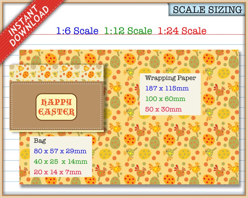 May include: A digital printable set featuring an Easter-themed pattern with yellow chicks and colorful eggs on a light yellow background. The image includes text labels for wrapping paper and bag sizes in millimeters, and the text HAPPY EASTER.