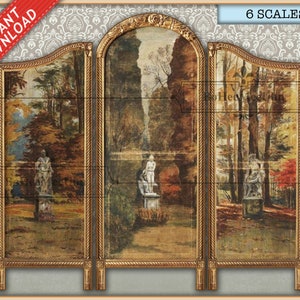 Vintage Antique Floral Dressing Room Three Folding Divider Privacy wood  Panel Screen  Instant Download.  Dollshouse. 6 scales Miniatures.