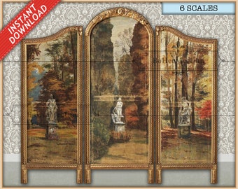 Vintage Antique Floral Dressing Room Three Folding Divider Privacy wood  Panel Screen  Instant Download.  Dollshouse. 6 scales Miniatures.