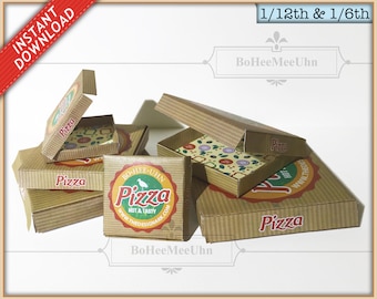Pizza Miniature Boxes Party scaled from 15, 12 and 8". With 8 Meat & Veg Varieties. Dollhouse Digital 1:12 and 1/6th Download pdf. printable