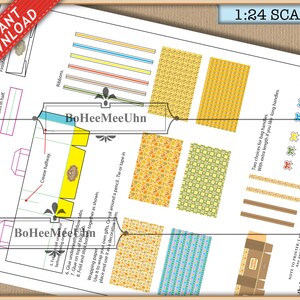 May include: A 1:24 scale printable craft sheet featuring templates for miniature gift bags. The white paper includes colorful patterns, ribbon strips, handle cutouts, and instructional text for assembly, marked with an instant download banner.