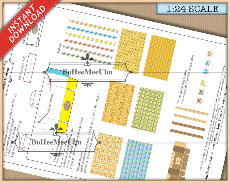 May include: A 1:24 scale printable craft sheet featuring templates for miniature gift bags. The white paper includes colorful patterns, ribbon strips, handle cutouts, and instructional text for assembly, marked with an instant download banner.