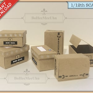 Caixas de papelão Mini Mail de Natal, Armazenamento de encomendas, Loja de correios, Miniatura. Downloads instantâneos. Casa de bonecas 1/12. Pacote. 3 escalas