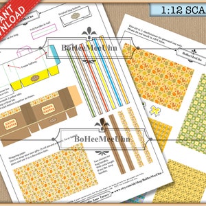 May include: A 1:12 scale printable craft kit featuring templates for miniature Easter gift bags, handles, and patterned wrapping paper. The sheets include instructional diagrams, text labels, and colorful designs with yellow, green, and brown motifs.