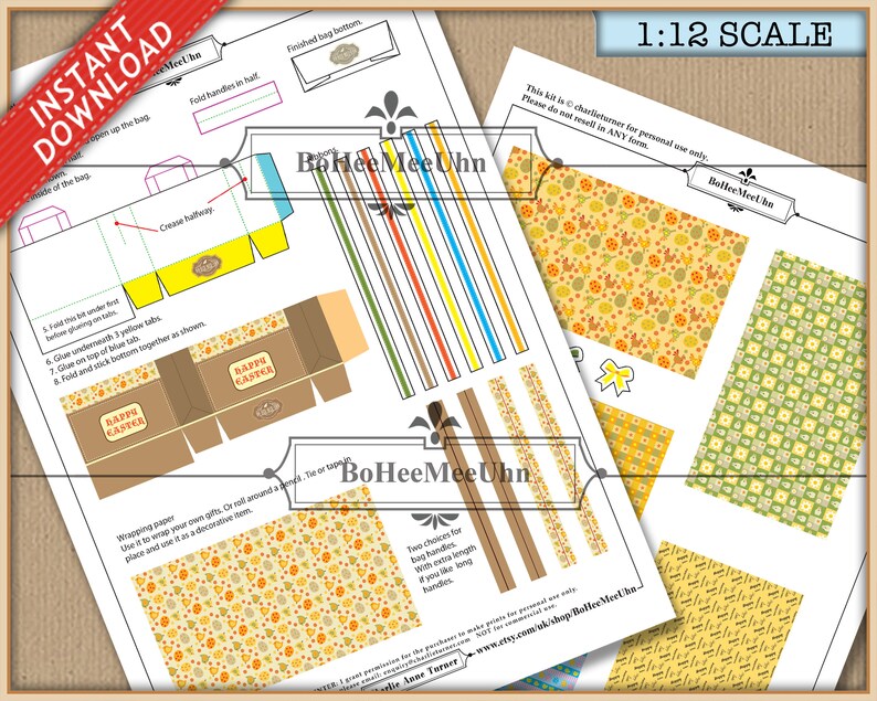 May include: A 1:12 scale printable craft kit featuring templates for miniature Easter gift bags, handles, and patterned wrapping paper. The sheets include instructional diagrams, text labels, and colorful designs with yellow, green, and brown motifs.
