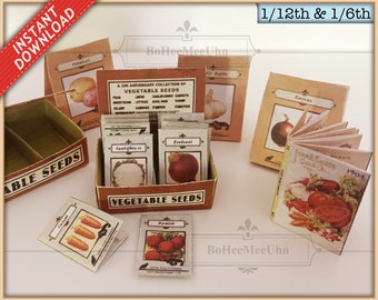 May include: A collection of miniature vegetable seed packets in 1/12th and 1/6th scale. The set includes a brown cardboard display box labeled VEGETABLE SEEDS, individual packets for cauliflower, beetroot, radish, and carrots, and a small seed catalog.