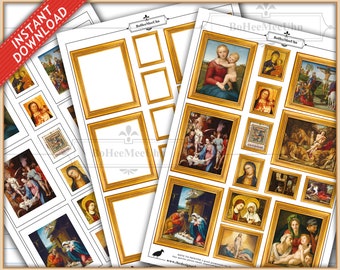 1/12th Miniature Framed Paintings. Religious masterpieces.  Instant Download. Dollshouse. Printable Miniatures