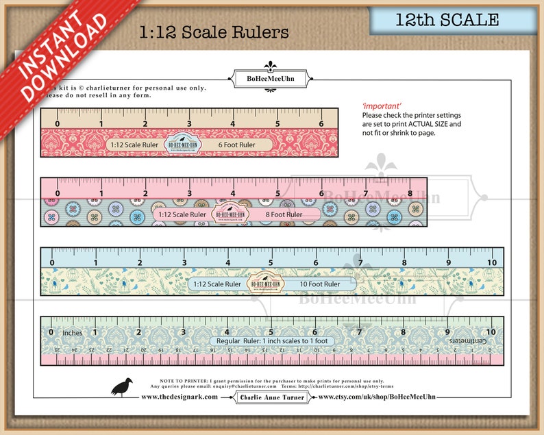 1 to 12 Scale Pretty Rulers. 9 Different Styles. Inches. Scaled 1:12 ...