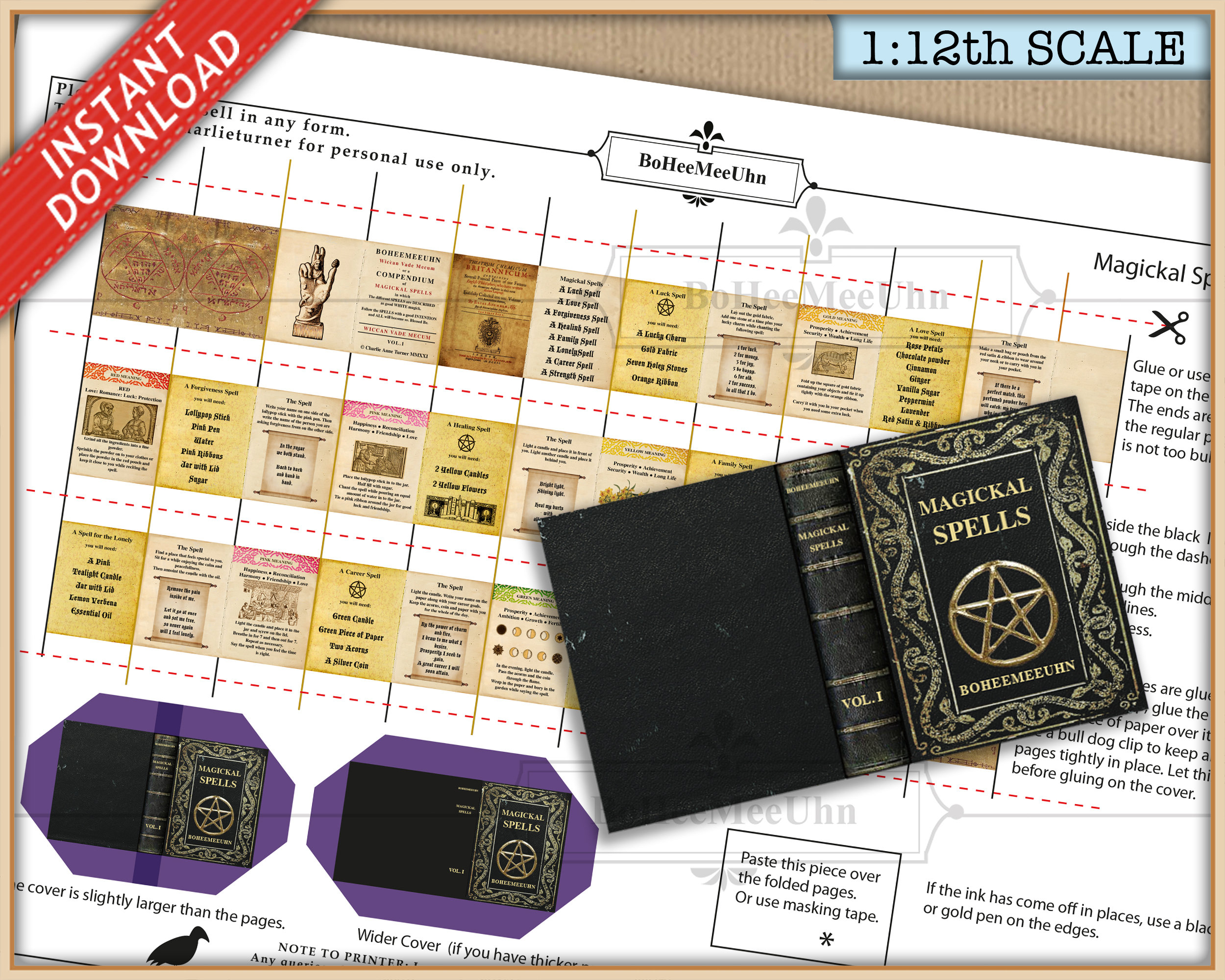 Magical Spells Dollhouse Miniature 2 Books.  4 Scales OPENABLE Miniature Book with READABLE Magic Spells - Spell Book Printable DOWNLOAD