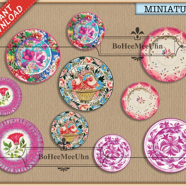 Pink Plates | Tableware | Porcelain | Valentines  | PDF Instant Download.  Dollshouse Printable Miniatures. 1;12, 1 to 6 and 1:24 Scales.