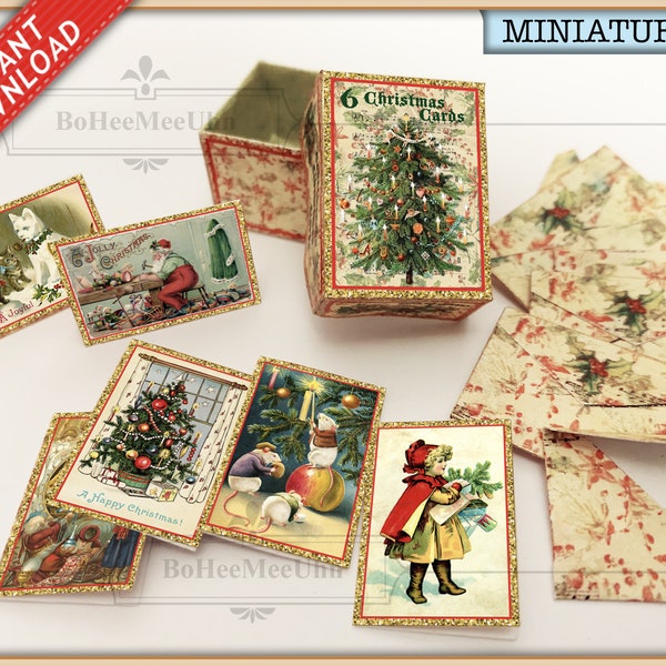 cartes de voeux antiques de sapin de Noël victorien vintage avec enveloppes dans la boîte d'affichage Téléchargement instantané imprimable Dollshouse. Lot de 6