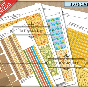 May include: A set of printable 1:6 scale sheets featuring various Easter-themed patterns including yellow chicks, colorful eggs, and checkered designs. The sheets include templates for bags with handles and the text HAPPY EASTER printed on a brown box design.