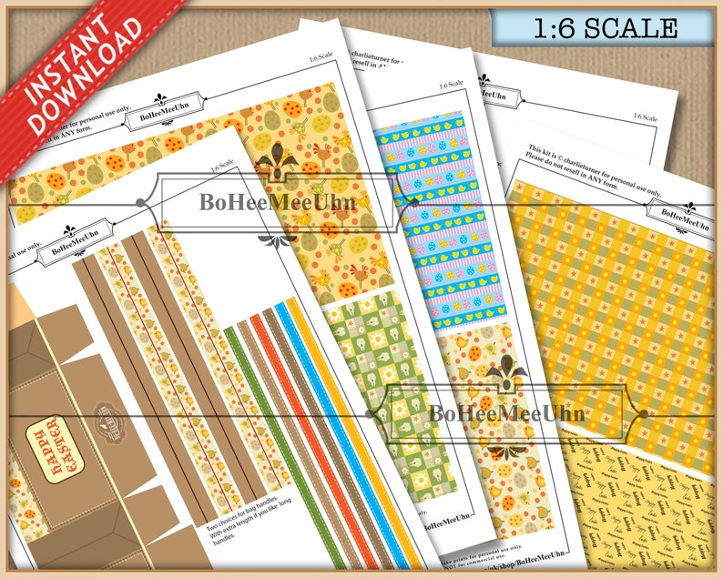 May include: A set of printable 1:6 scale sheets featuring various Easter-themed patterns including yellow chicks, colorful eggs, and checkered designs. The sheets include templates for bags with handles and the text HAPPY EASTER printed on a brown box design.