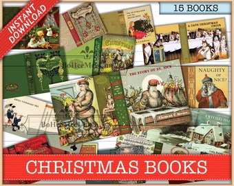 May include: A collage of 15 vintage Christmas book covers featuring illustrations of Santa Claus, cats, and winter scenes. The covers are in various colors, including red, green, blue, and white. The text on the covers includes "A Cats Christmas Choir", "The Story of St. Nick", and "Naughty or Nice?"