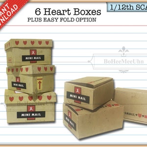 Valentijn harten post kartonnen dozen pakketbrieven opslag postkantoor miniatuur. Directe downloads. Afdrukbare bundel poppenhuis met 3 schalen.