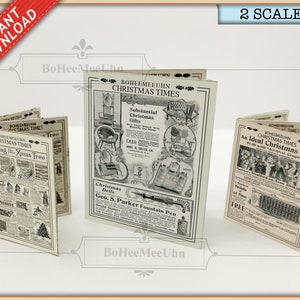 Christmas Old Newspaper Bundle Two scales Newsprint Tabloid Broadsheet Paper Vintage Santa Instant Printable Download Dollshouse. Set of 3