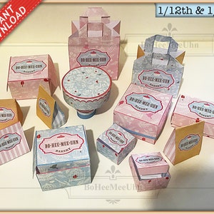 Miniatura escalas 1/12 y 1:6 2.  Panadería, Cake Box Shop Cajas, Bolsas, Dulces y Señalización.  Casa de muñecas Packaging Digital Descargar pdf.