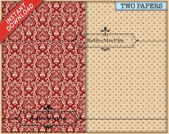 Red Fleur Dollhouse Victorian Repeat Patterned Wallpapers or Wrapping paper . 1:12 and 1/6th scale. Instant Printable. Dollshouse Bundle