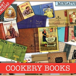 May include: A collection of miniature vintage cookery book covers featuring various illustrations and titles such as Jell-O, Spices and Their Uses, The Vegetarian Cook Book, and Baker's Coconut Recipes. The image includes a red banner with the text INSTANT DOWNLOAD and COOKERY BOOKS.