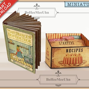 Livro de culinária de cozinha e caixa de receitas, cartões de índice, 3 escalas em miniatura, livro legível, receitas originais, biografia para impressão, download