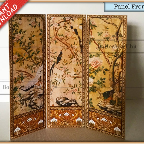 Dressing Room Chinese Three Folding Divider Dressing Panel Screen 6 scales. Instant Download.  Chinoiserie Dollshouse. Printable Miniatures.