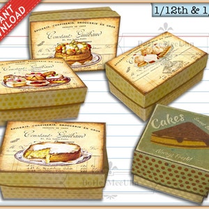 Miniature  Bakery, Cake Boxes for shop or kitchen plus Placemats and coasters. 48 Items. Dollhouse Digital  1:12 and 1/6th. Download pdf.