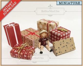 Kraft Christmas Gift Boxes. 3 miniature scales Instant Digital Downloads. Dollshouse. Set of 6 Present Boxes & Bows , ribbons and envelopes