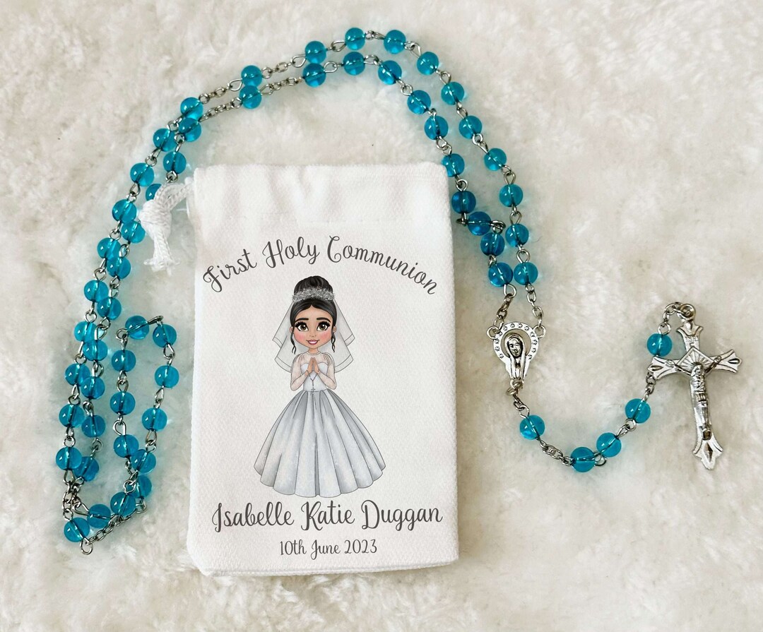 Holy Communion Rosary Beads Blue With Personalised Pouch First Holy ...