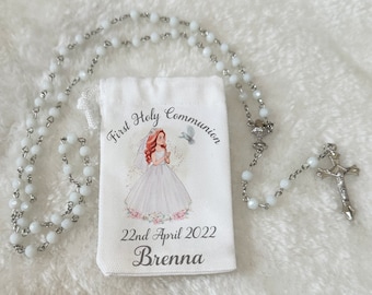 Chapelet de communion blanc avec pochette personnalisée/cadeau de première communion/carte personnalisée/souvenir/cadeau pour lui/cadeau pour elle