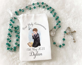 Holy Communion Rosary Beads green with personalised pouch/First Holy Communion Gift/Personalised card/keepsake/Gift for him/gift for her