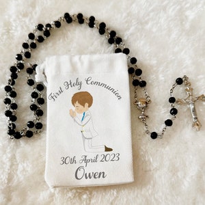 Holy Communion Rosary Beads black with personalised pouch/First Holy Communion Gift/Personalised card/keepsake/Gift for him/gift for her