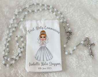 Holy Communion Rosary Beads white with personalised pouch/First Holy Communion Gift/Personalised card/keepsake/Gift for him/gift for her bag