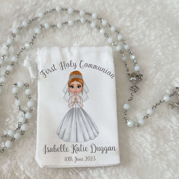 Holy Communion Rosary Beads white with personalised pouch/First Holy Communion Gift/Personalised card/keepsake/Gift for him/gift for her bag