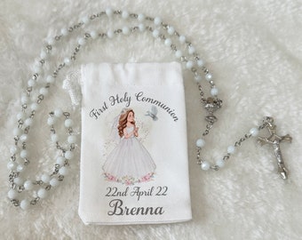 Holy Communion Rosary Beads white with personalised pouch/First Holy Communion Gift/Personalised card/keepsake/Gift for him/gift for her bag