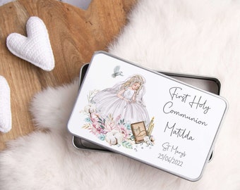 Personalised First Holy Communion Tin Keepsake | storage box for 1st Holy Communion Gift, rosary beads box | religious keepsake for daughter