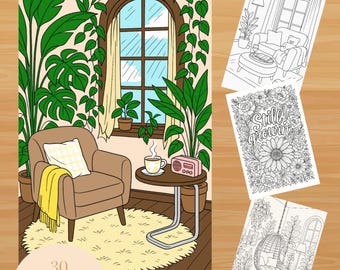 Cozy Corners Coloring Book | 30 Printable Pages | Home and Plant Scenes PDF
