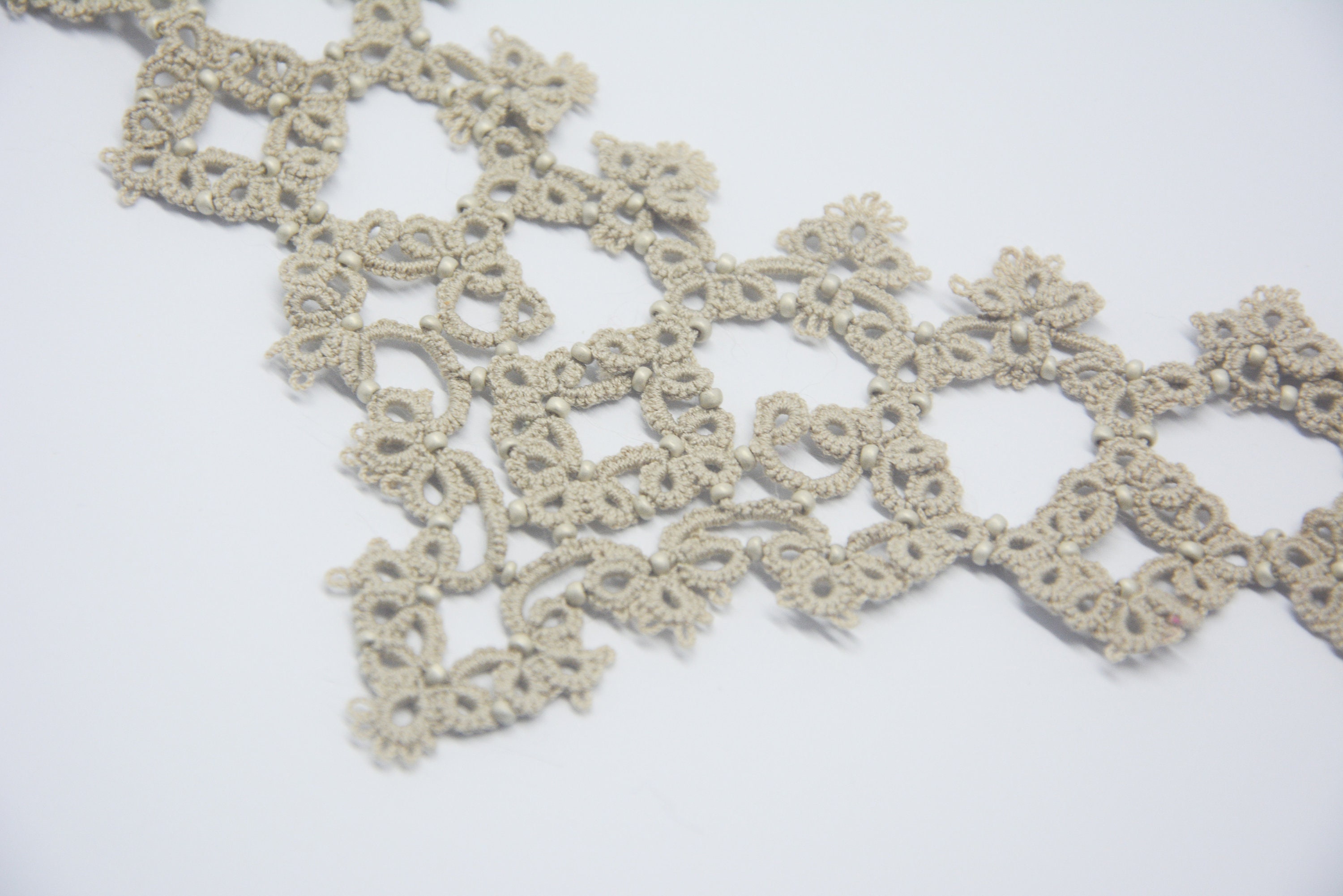 Tatted Lace Unique Artisan Collar Necklace Victorian Detachable Beaded