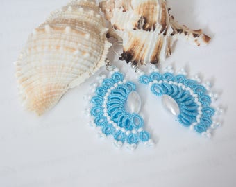 Semicircle Blue Lace earrings Chandelier Lily Sea shell Sunny Bridesmaid Earrings Tatting Wedding Feminine  jewelry for Lilac wedding