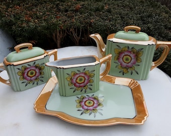 Vintage (1920-1940) Japanese, Art Deco, Lusterware Teapot, Sugar, Creamer and Tray