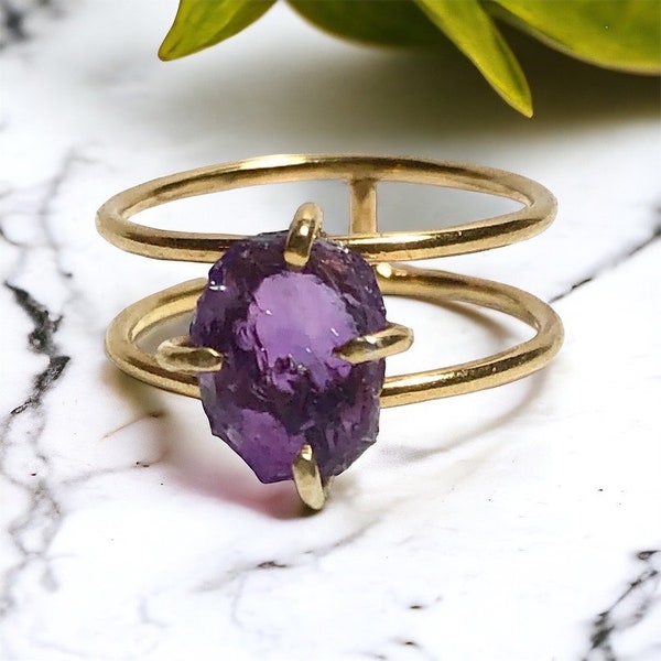 Boho Amethyst Ring, Double Band, Sterling Silver and Gold Filled