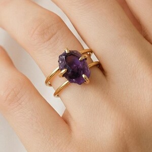 Boho Amethyst Ring, Double Band, Sterling Silver and Gold Filled
