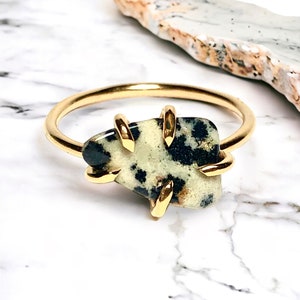 Dalmatian Jasper Ring, raw gemstone ring, jasper ring, raw signet ring, gold signet ring